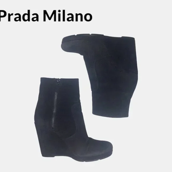 Prada Milano Women's Black Suede Ankle Wedge Boots Size 9 - Picture 5 of 9